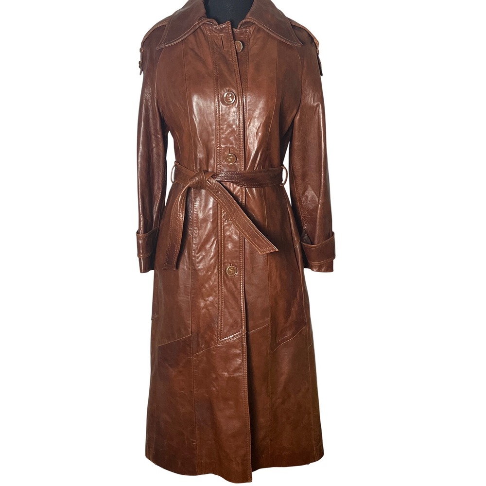Vintage Skin Gear Cognac Napa‎ leather 70s  Lined Trench Coat